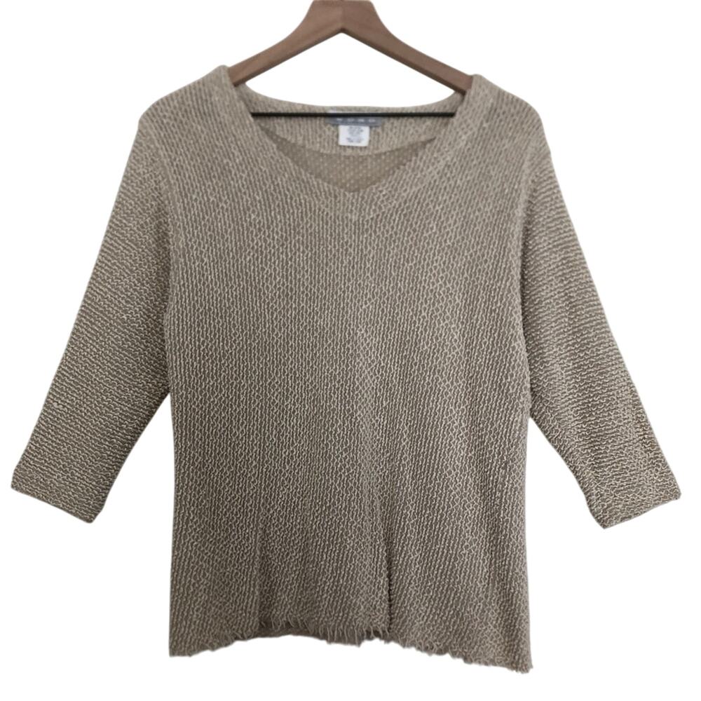 Vintage Nino Wong Linen Blend Knit Textured 3/4 Sleeve V-Neck Cut Off Blouse Top
